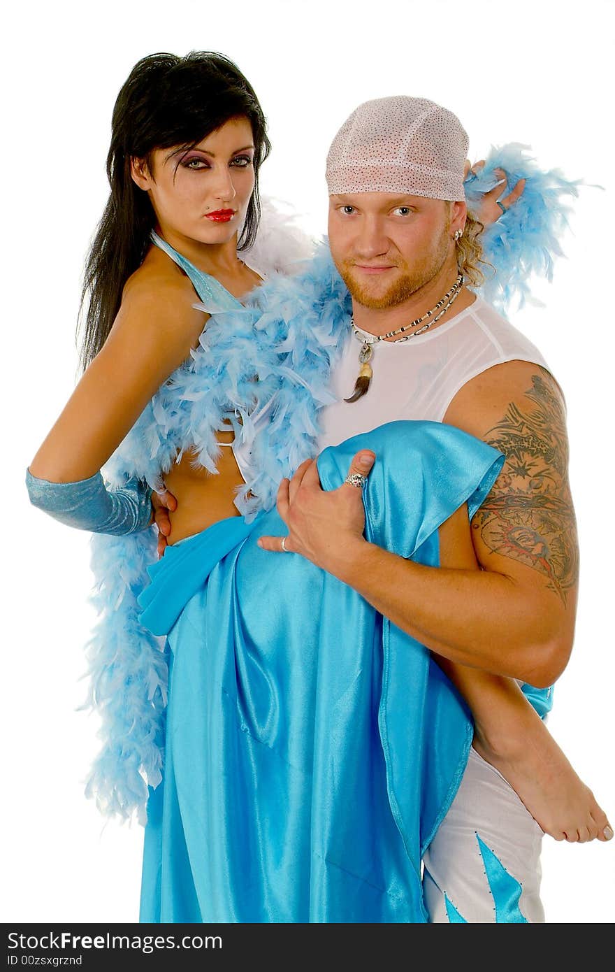 The strong man and the passionate woman on a white background