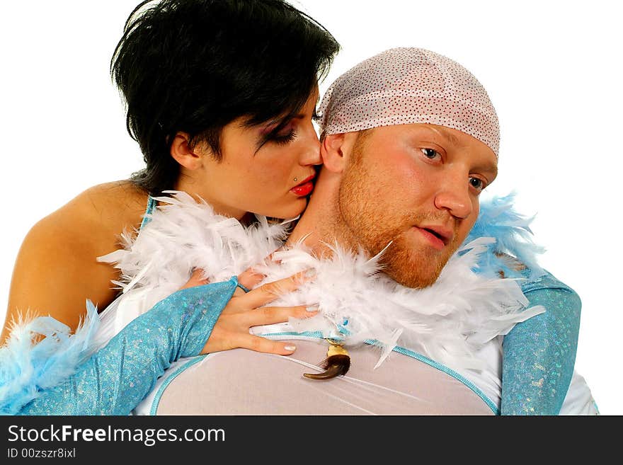 The strong man and the passionate woman on a white background