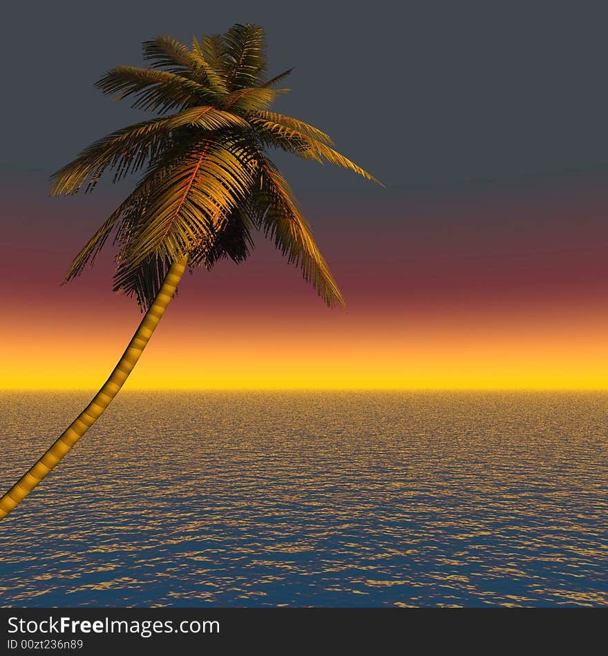 Coconut palm and sunset sky - digital artwork