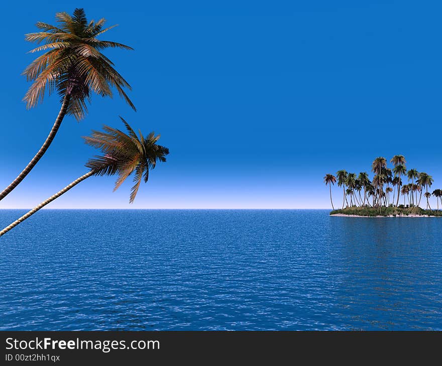 Coconut palm trees on a small island - digital artwork. Coconut palm trees on a small island - digital artwork