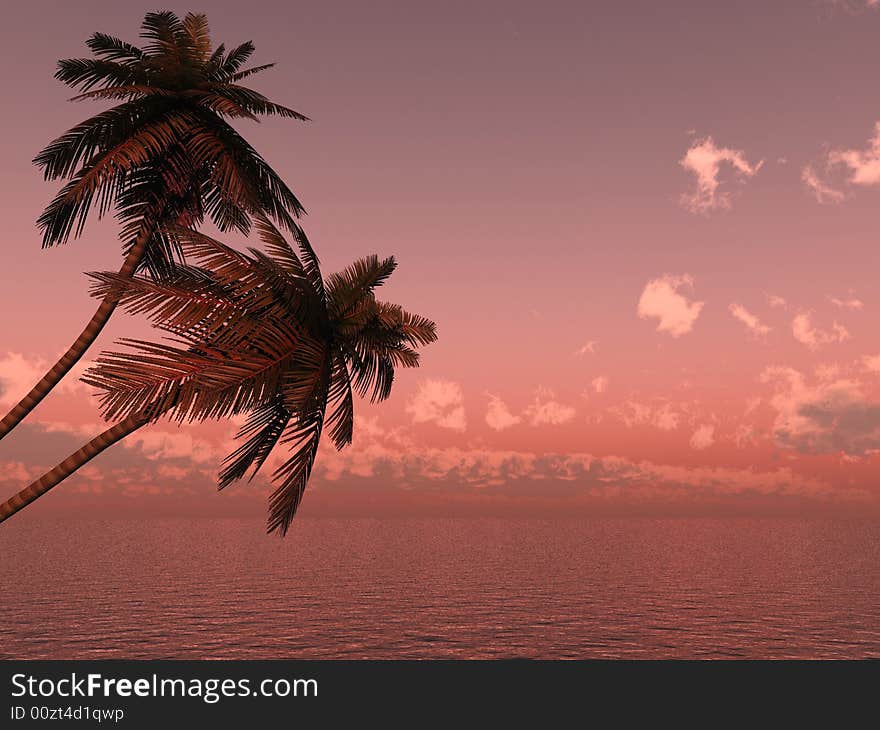 Sunset coconut palm trees on small island - graphic illustration.