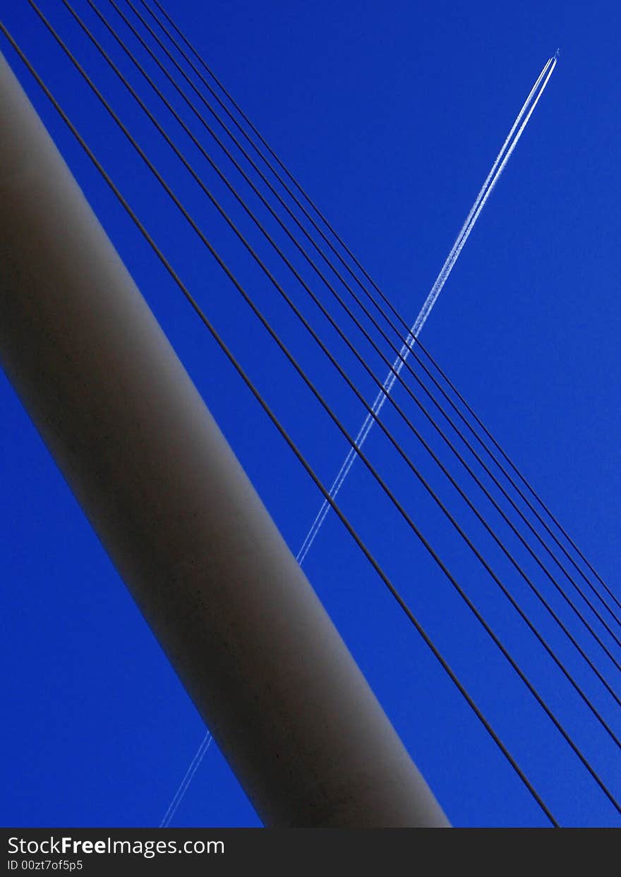 Manchester, part of bridge with jet airplane. Manchester, part of bridge with jet airplane