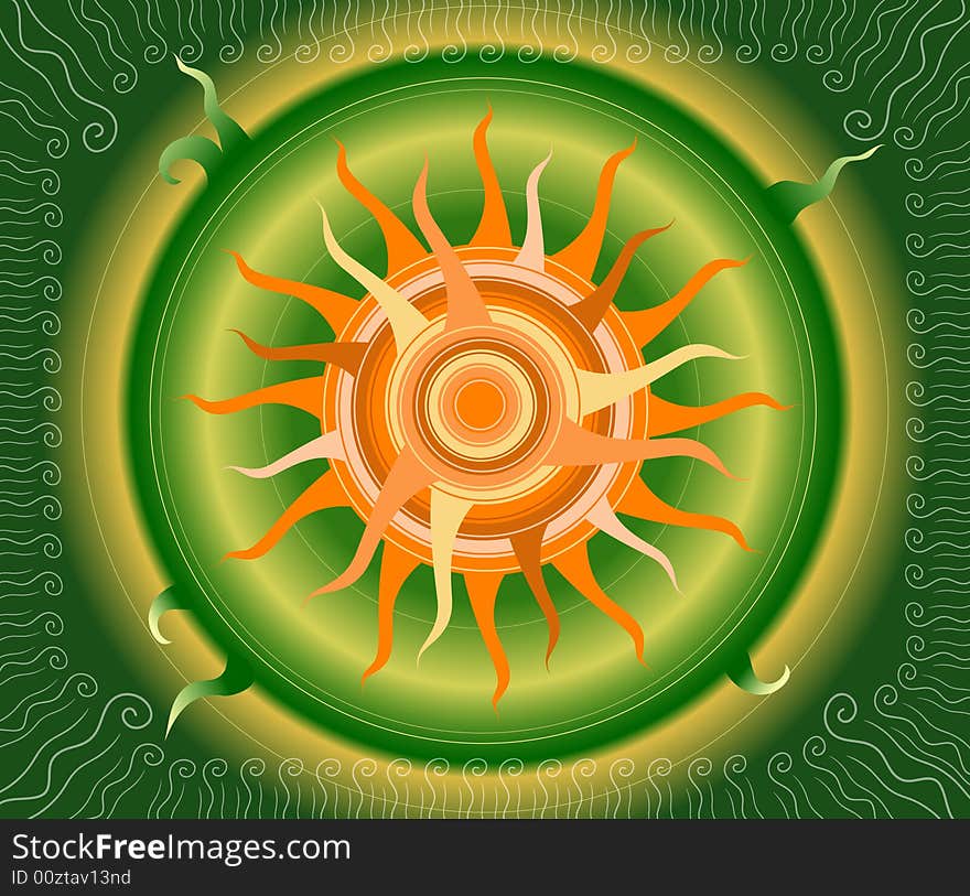 Orange sun in the green background. Orange sun in the green background