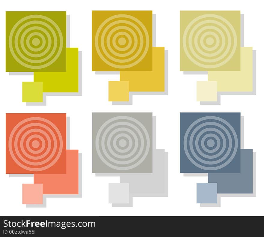 An illustration featuring your choice of simple decorative elements with layered square tiles and bullseye designs in green,brown,tan,pink,gray and blue. An illustration featuring your choice of simple decorative elements with layered square tiles and bullseye designs in green,brown,tan,pink,gray and blue