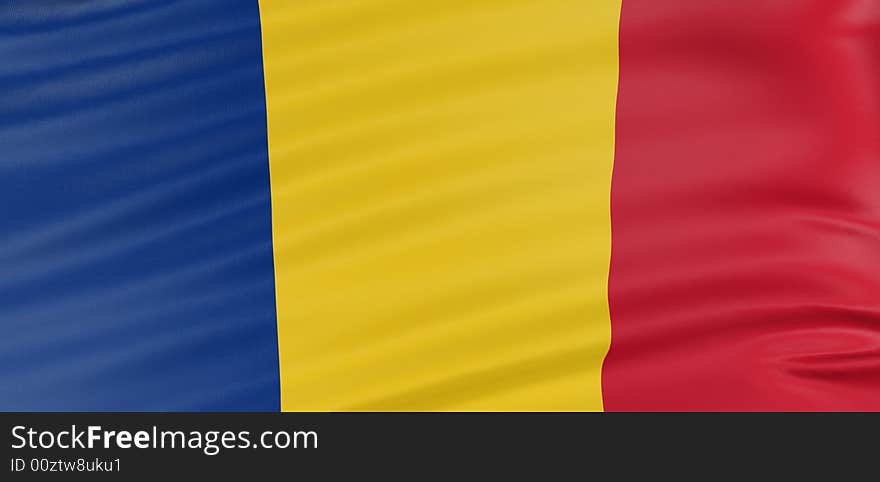 3D Romanian flag with fabric surface texture. White background.
