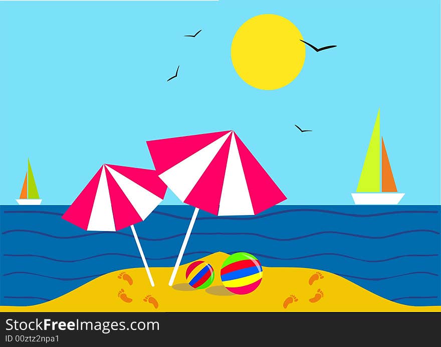 Illustration of beach ,boat and umbrella. Illustration of beach ,boat and umbrella