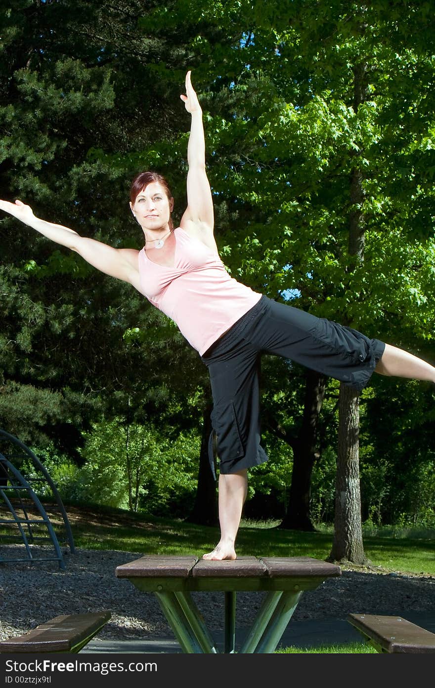 Woman Standing On Picnic Table - Vertical