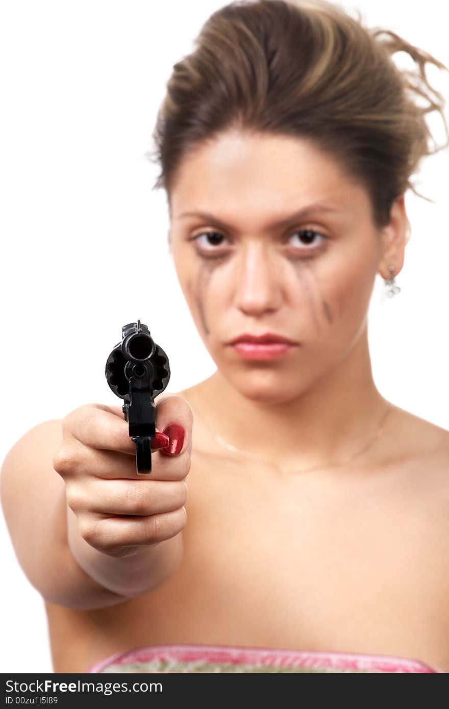 Girl with black gun (revolver) isolated on white; focus on gun. Girl with black gun (revolver) isolated on white; focus on gun