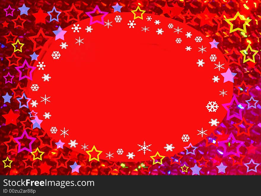 This abstract background / design has lots of stars in different colors. In the red middle part are little snowflakes. This abstract background / design has lots of stars in different colors. In the red middle part are little snowflakes.