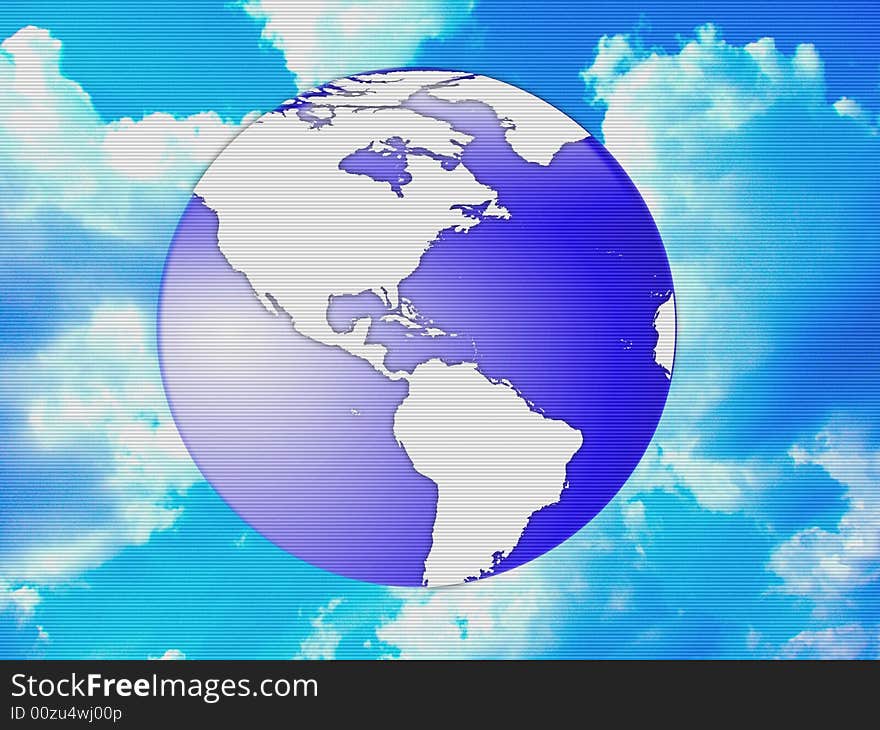 Image of globe with clouds in background.