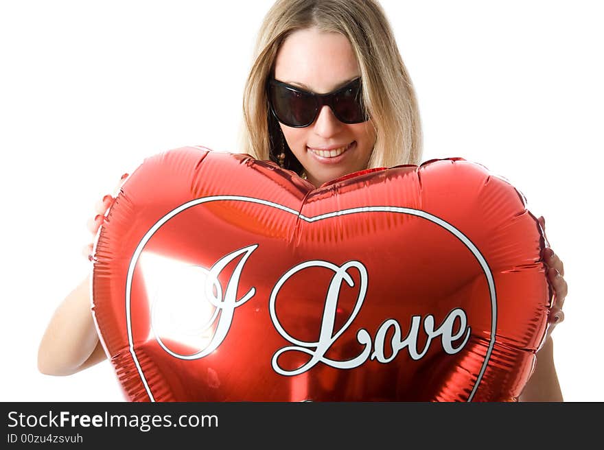 Beautiful fashion woman with a red party balloon. Isolated over a white background. Beautiful fashion woman with a red party balloon. Isolated over a white background