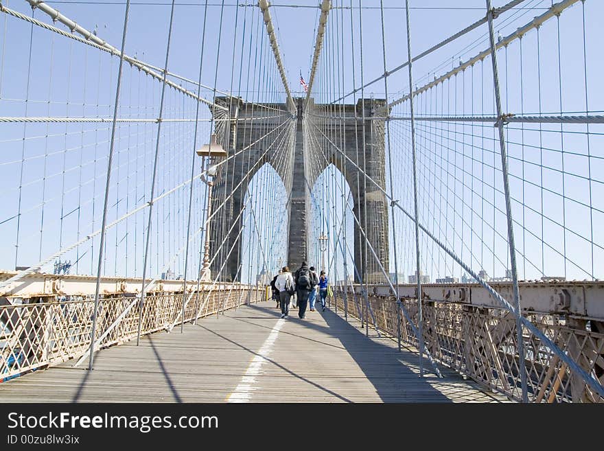 View of the pathway on the Brooklyn Bridge In New York