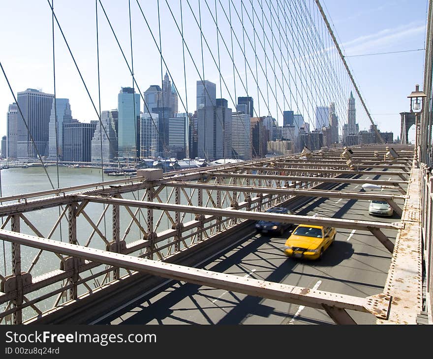 View of the lanes on the Brooklyn Bridge in New York