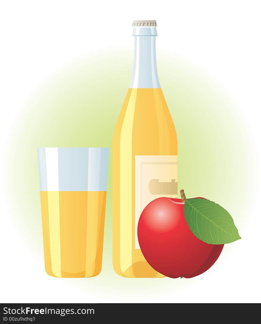 Bottle and glass of cider with the red apple on the light green background. Bottle and glass of cider with the red apple on the light green background