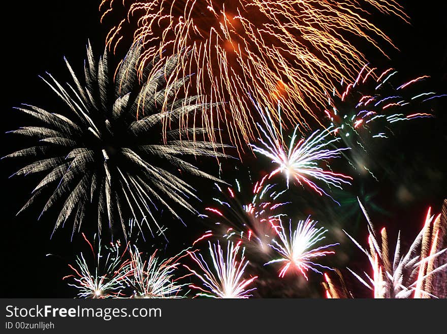 A montage of fireworks at a Canada Day celebration. A montage of fireworks at a Canada Day celebration