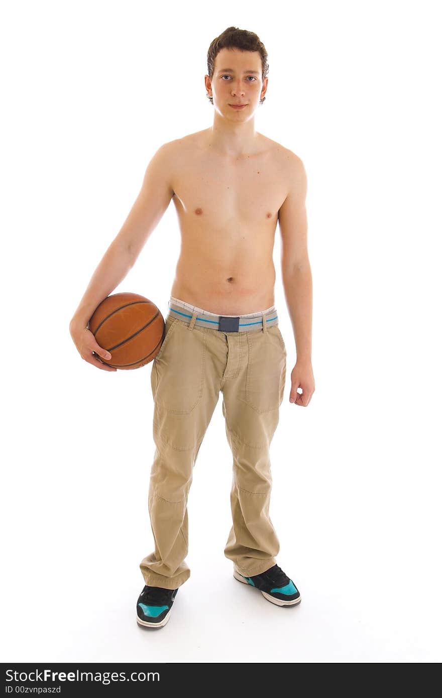 The young basketball player isolated on a white background