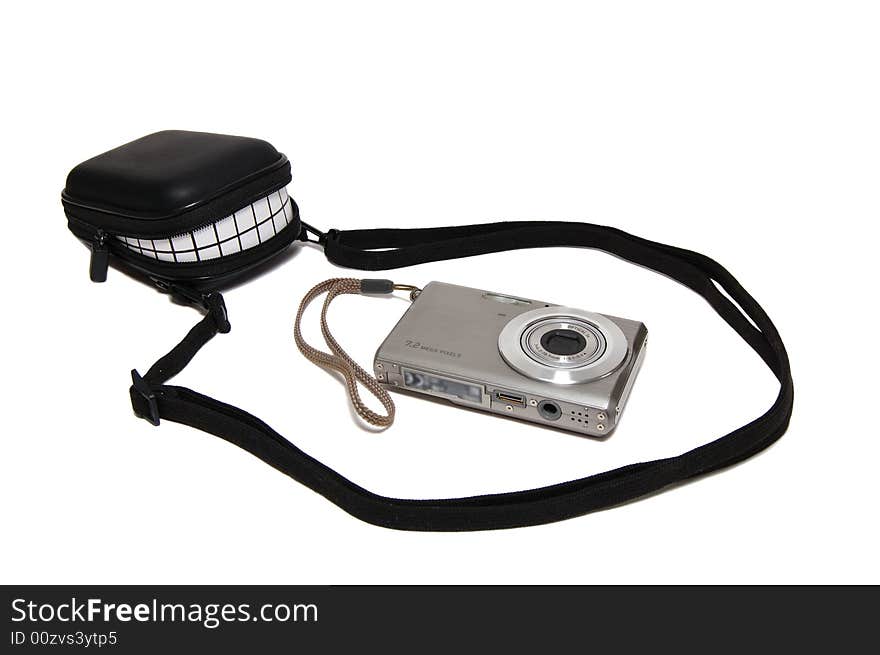 Camera and bag isolated on a white background