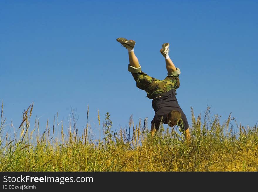 Man jumping on a meadow