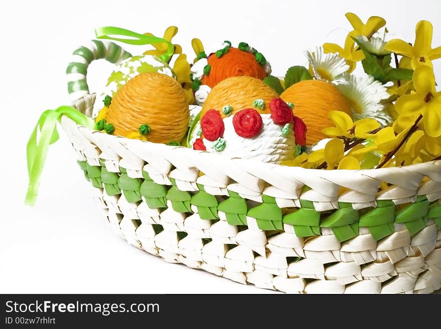 Colorful easter eggs in a basket