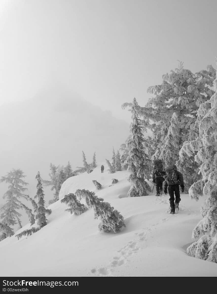 Climbers approaching Mount Thielsen through the morning fog. Climbers approaching Mount Thielsen through the morning fog