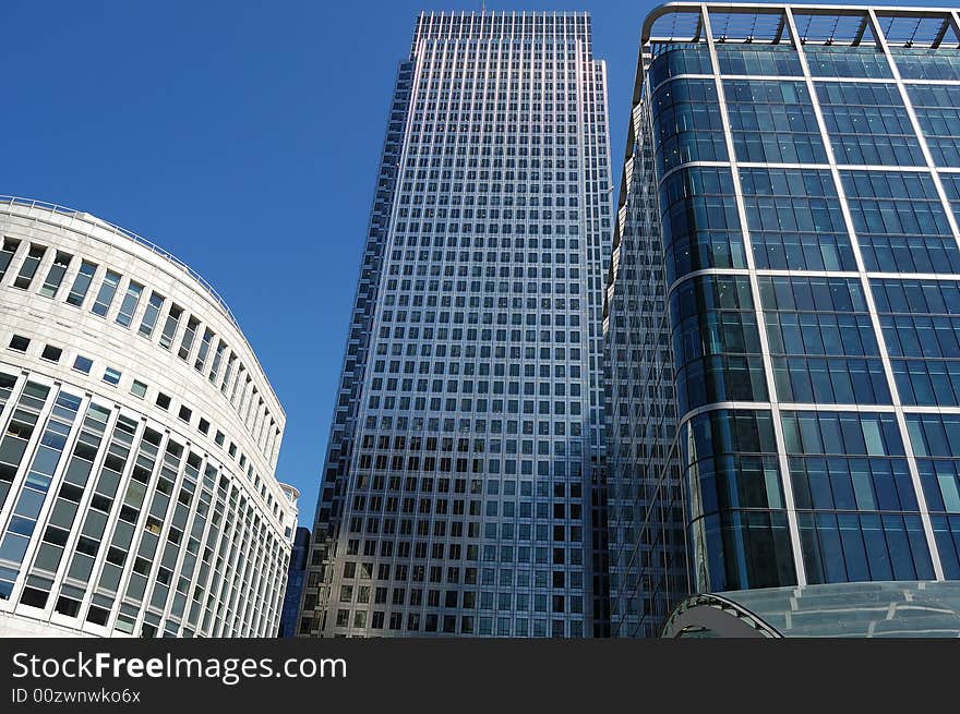 Three buildings in the Canary Wharf financial center in London. Three buildings in the Canary Wharf financial center in London