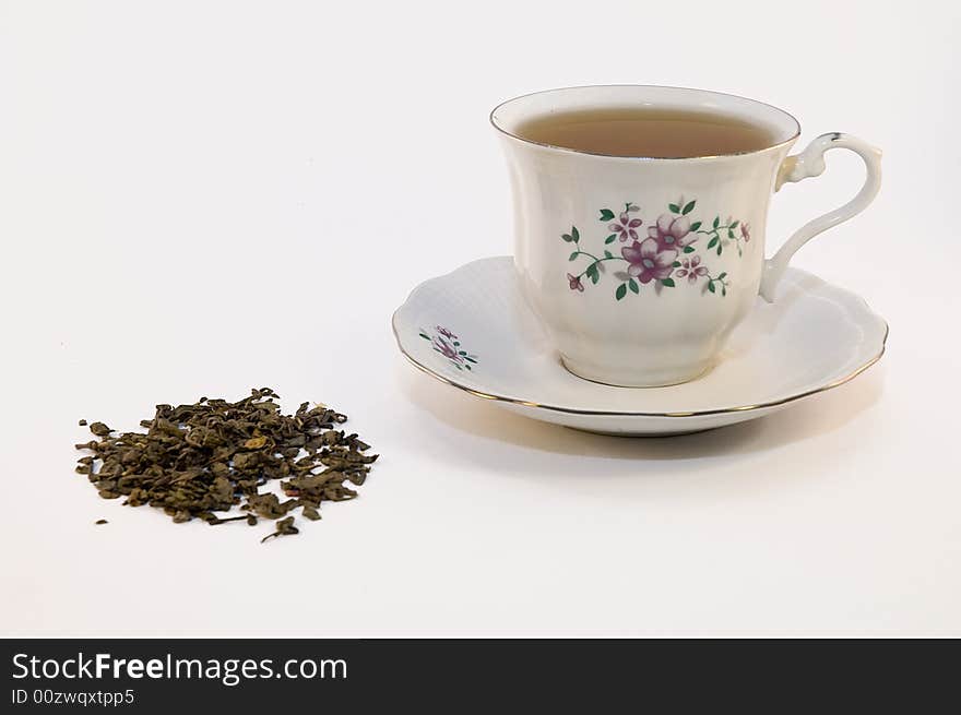 Cup and tea on white background. Cup and tea on white background