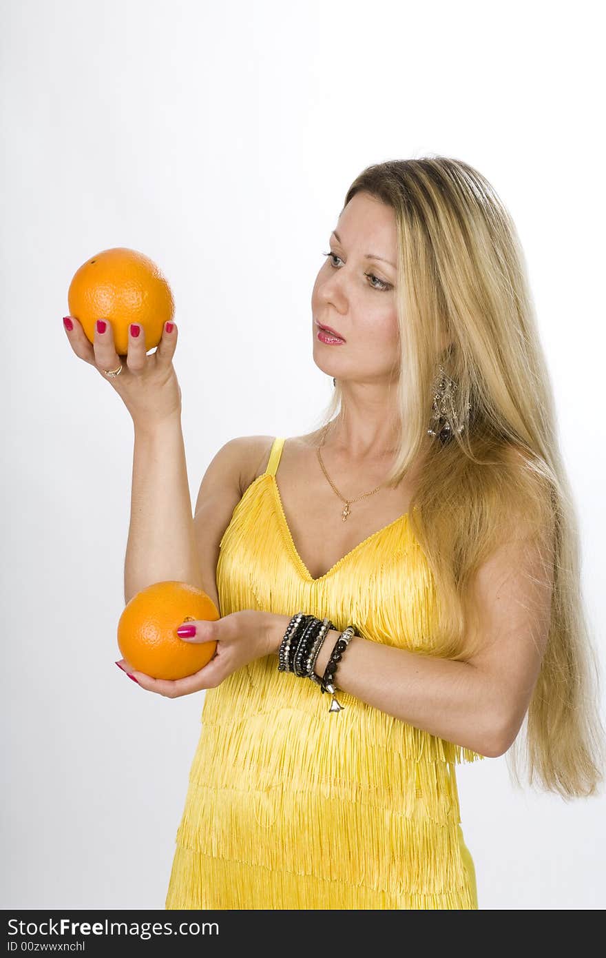 Blonde woman in yellow dress with orange in her hand. Blonde woman in yellow dress with orange in her hand