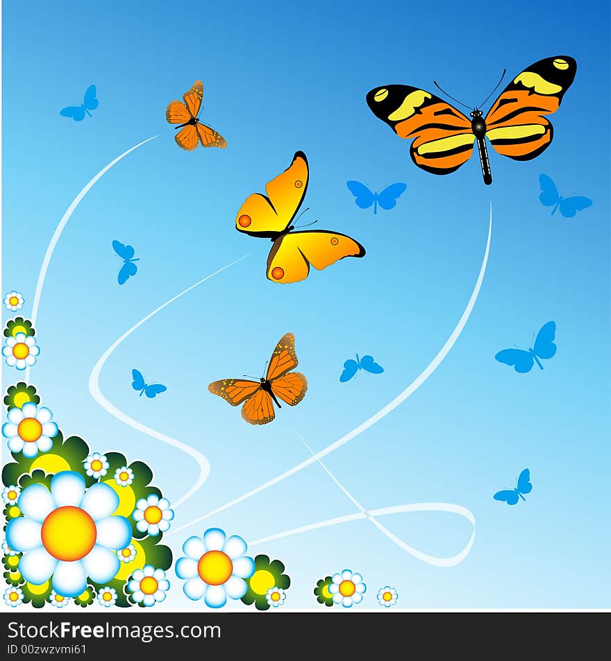 Flowers and butterflies on the blue background. Flowers and butterflies on the blue background