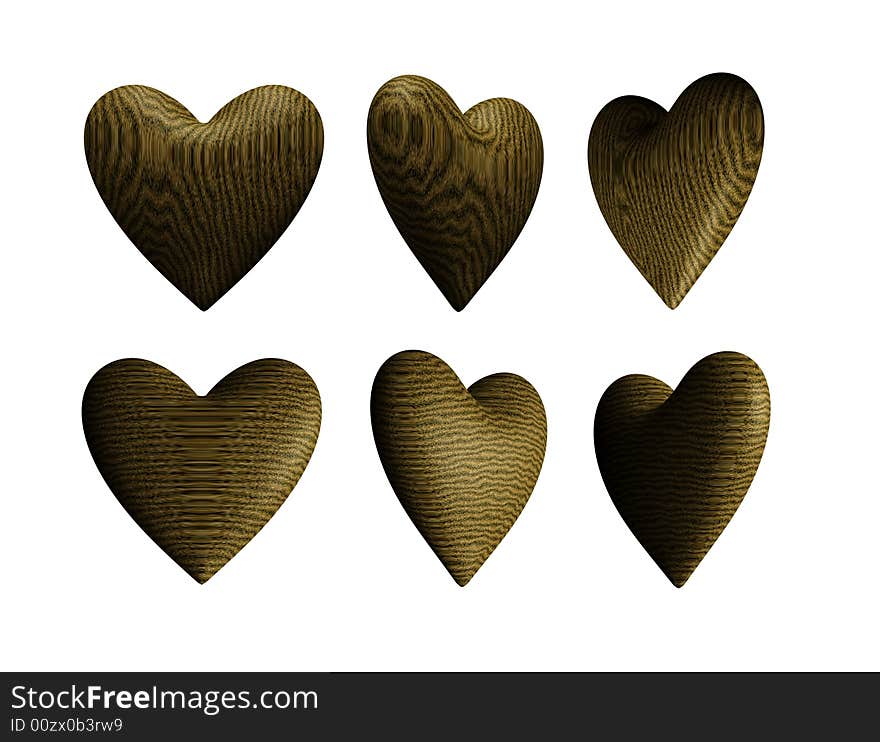 Rendering of some wooden hearts from different angles, with realistic pattern and delicate texture. Rendering of some wooden hearts from different angles, with realistic pattern and delicate texture.