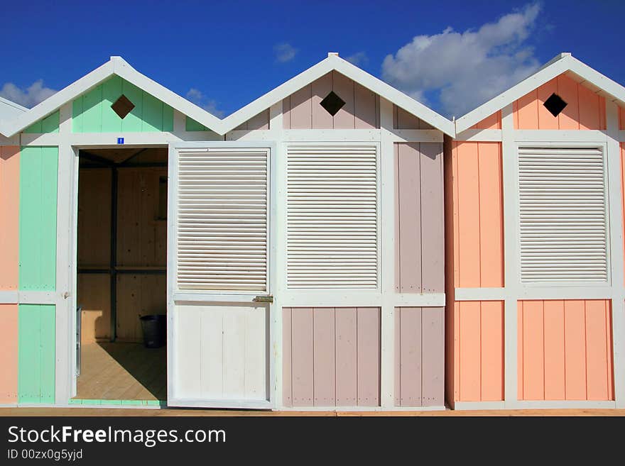 Mediterranean furnished beach area with colorful huts. Palermo (island of Sicily) Italy. Mediterranean furnished beach area with colorful huts. Palermo (island of Sicily) Italy