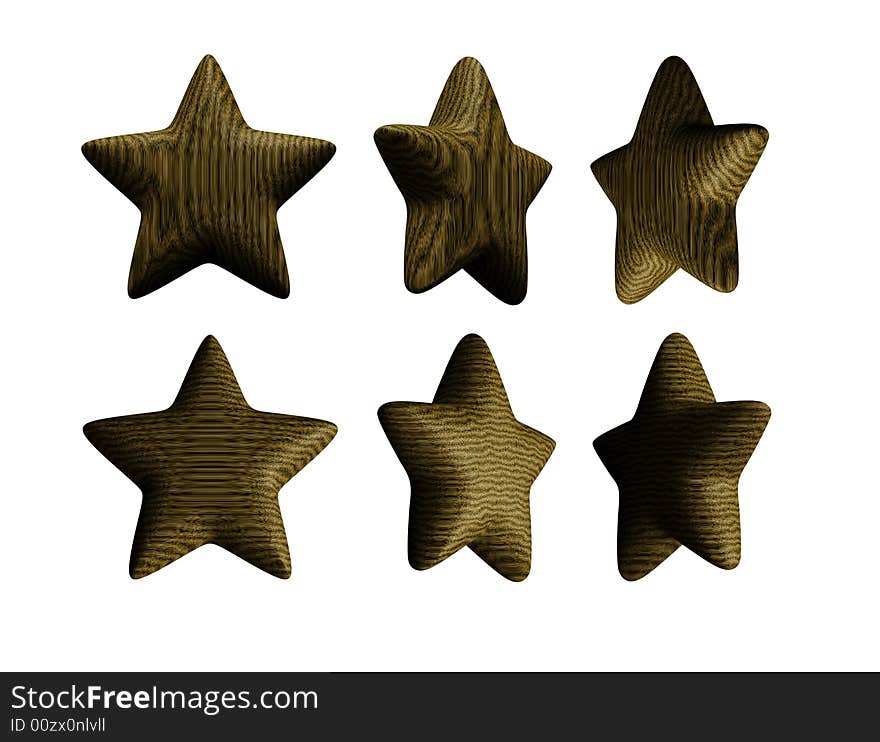 Rendering of some wooden stars from different angles, with realistic pattern and delicate texture. Rendering of some wooden stars from different angles, with realistic pattern and delicate texture.