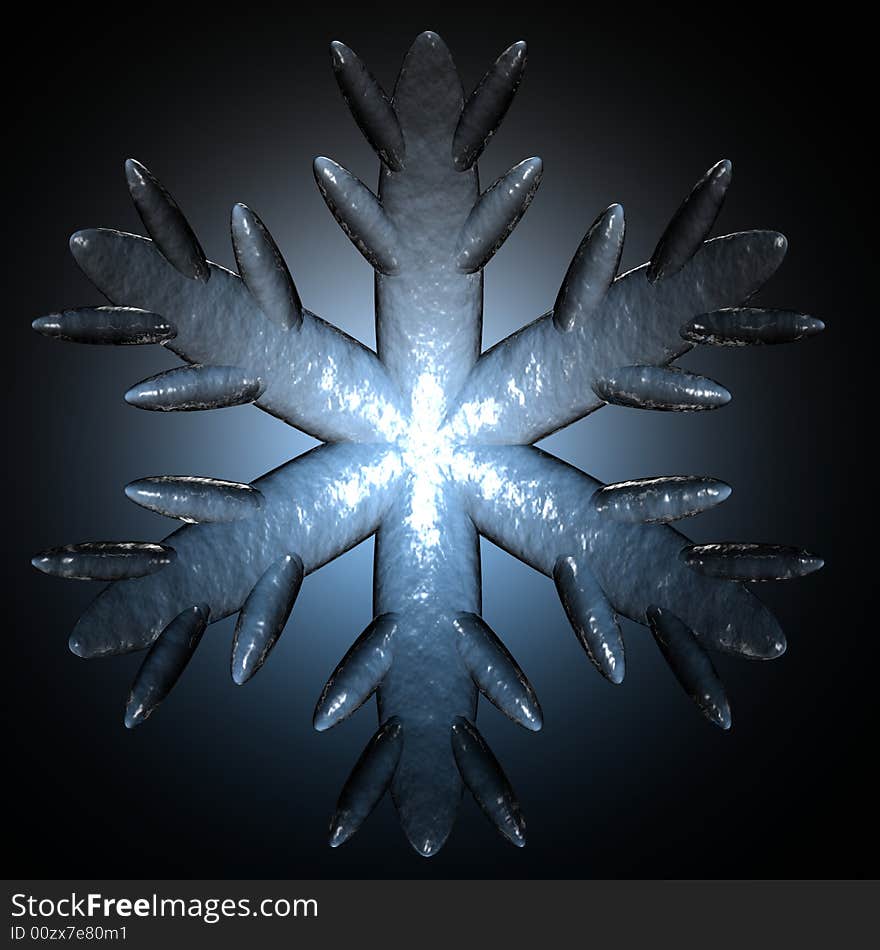 A detail of a snowflake with an icy appearance isolated on black with a blue halo. A detail of a snowflake with an icy appearance isolated on black with a blue halo.