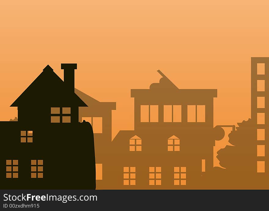 Silhouette houses scene in sun set. Silhouette houses scene in sun set