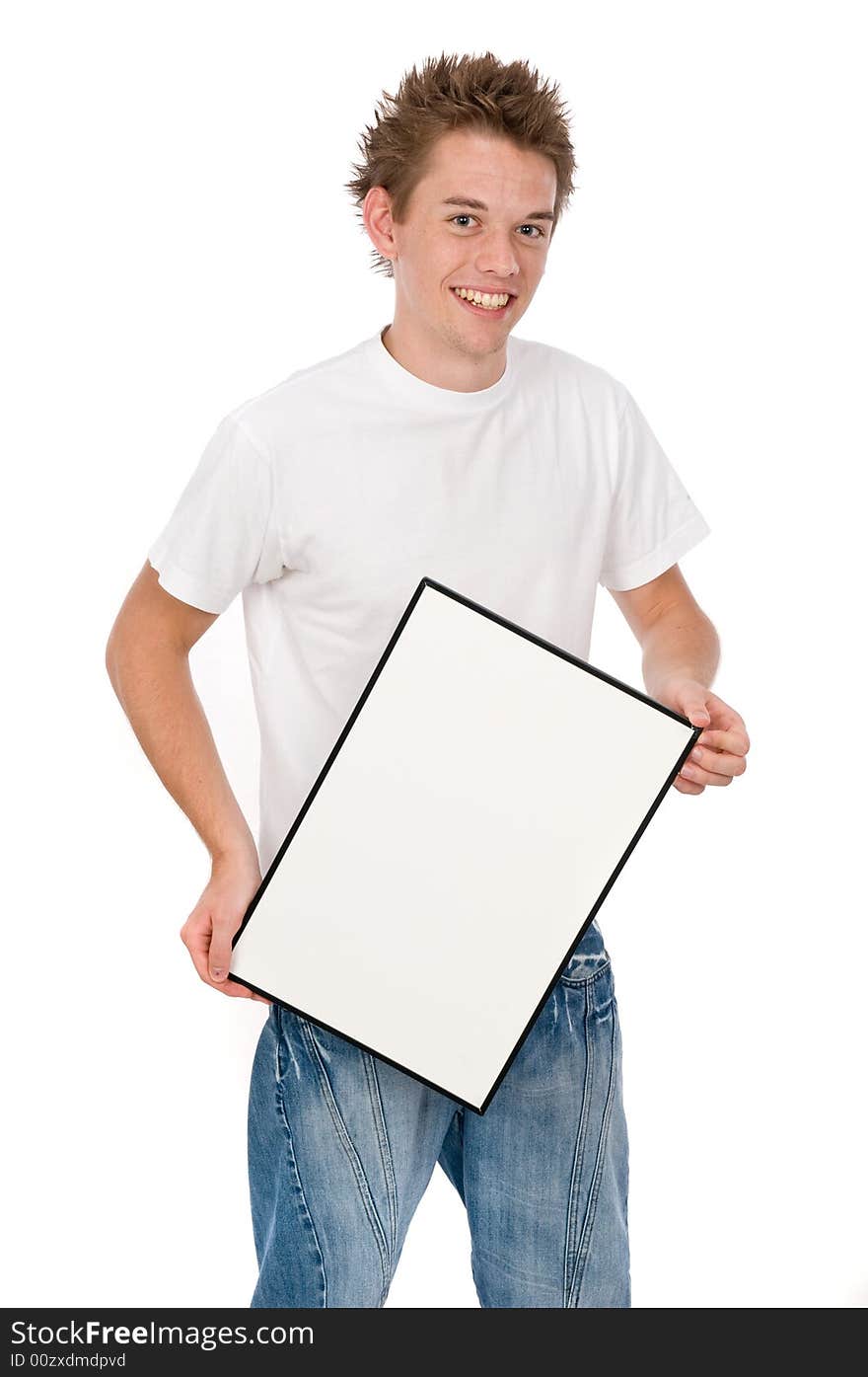 A young man holding a blank board for you to put adverts on