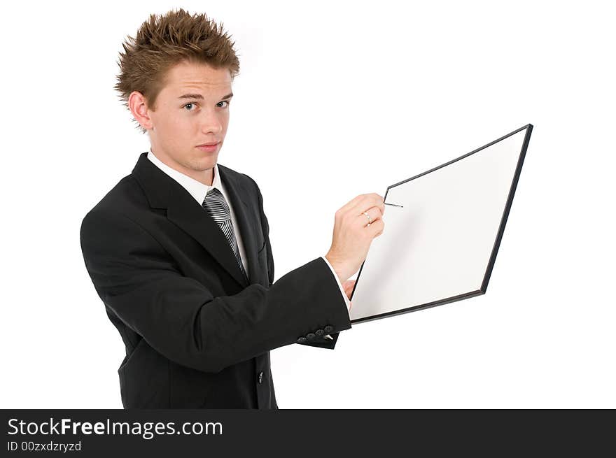 A young businessman writing on blank boards with a stylus pen. A young businessman writing on blank boards with a stylus pen