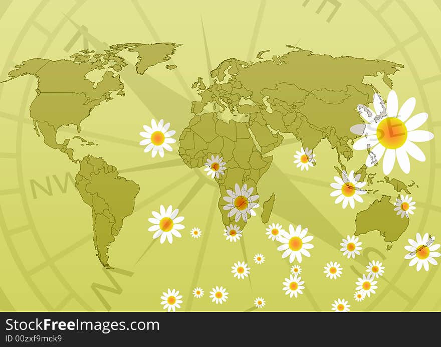 Floral world map in green background