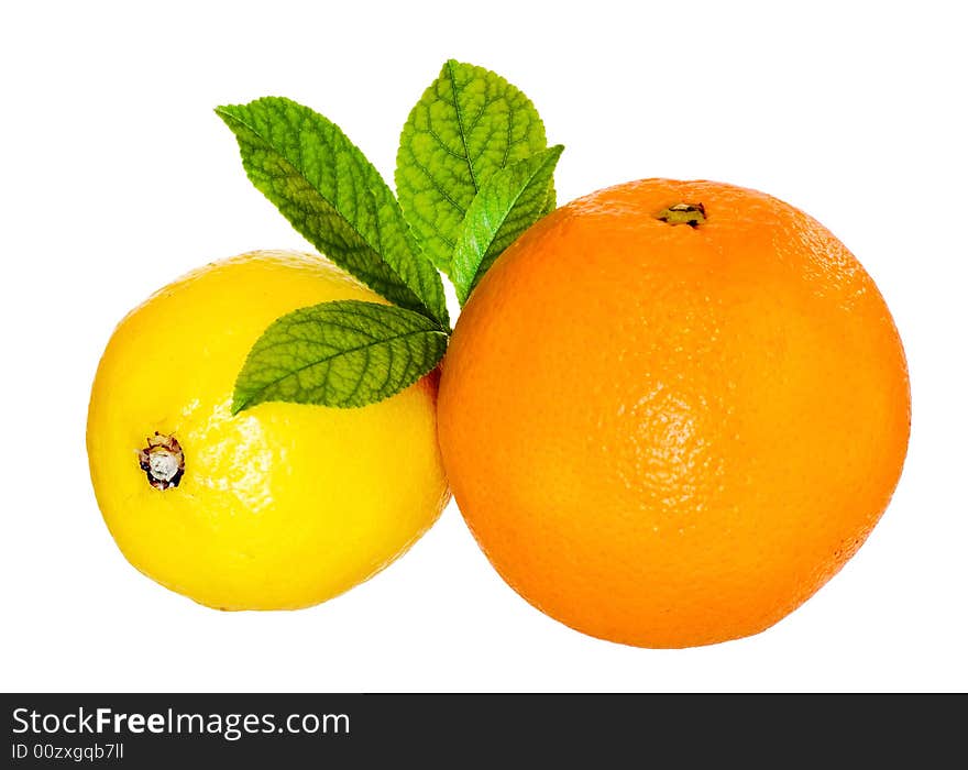 Fruits with leaves isolated on white background