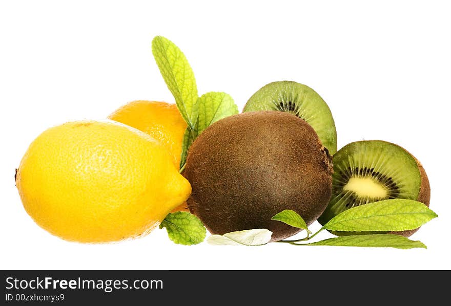 Fruits with leaves isolated on white background