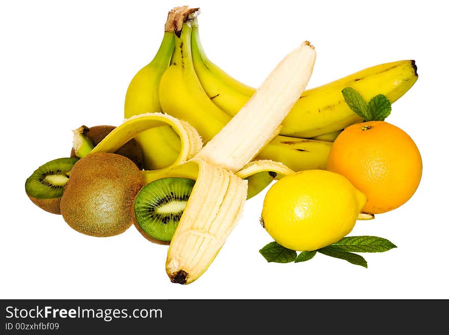 Fruits with leaves isolated on white background