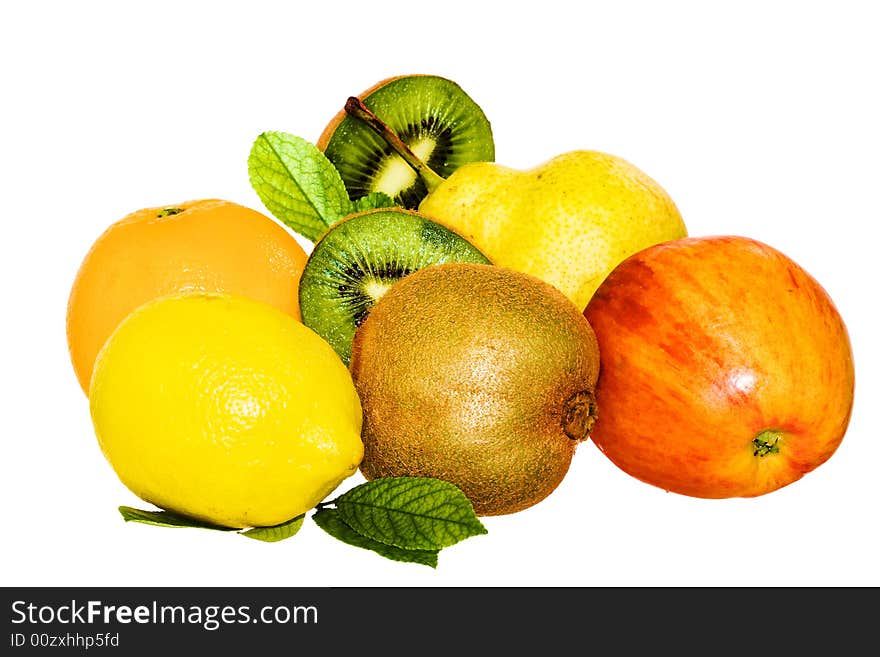 Fruits with leaves isolated on white background