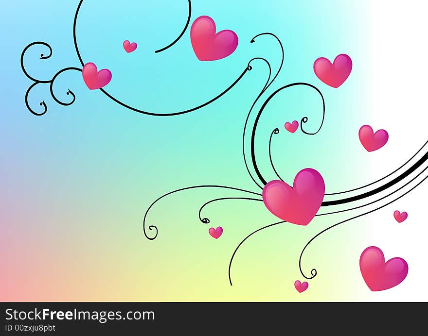 Hearts in floral colorful background. Hearts in floral colorful background