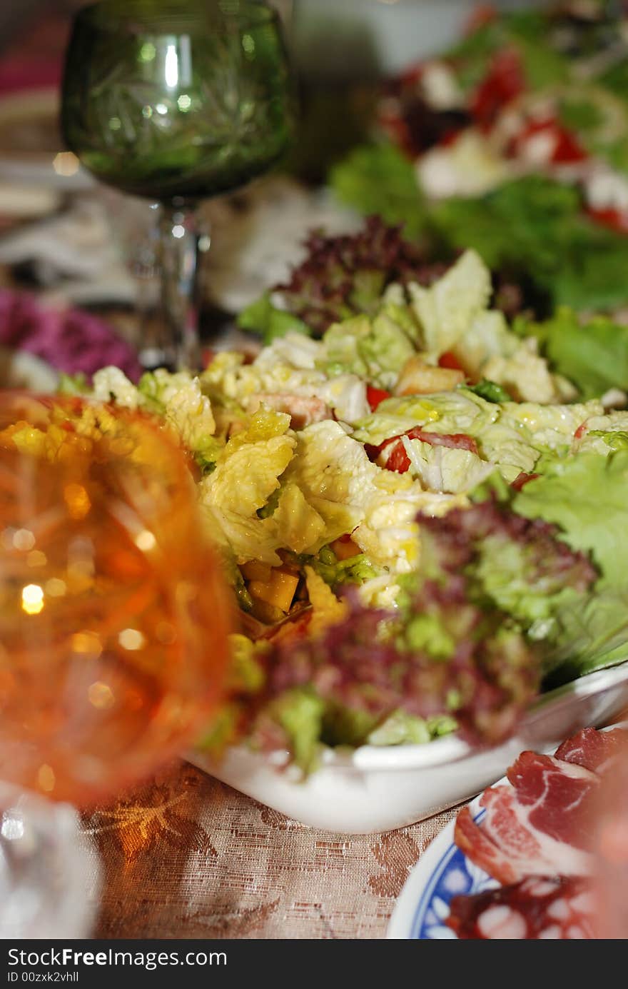 Celebratory lunch. Table layout by products, a various choice of dishes