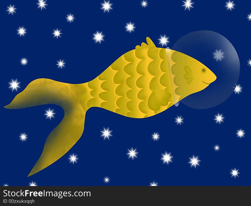 Fish flying over the stars with his aquarium in the head. Fish flying over the stars with his aquarium in the head