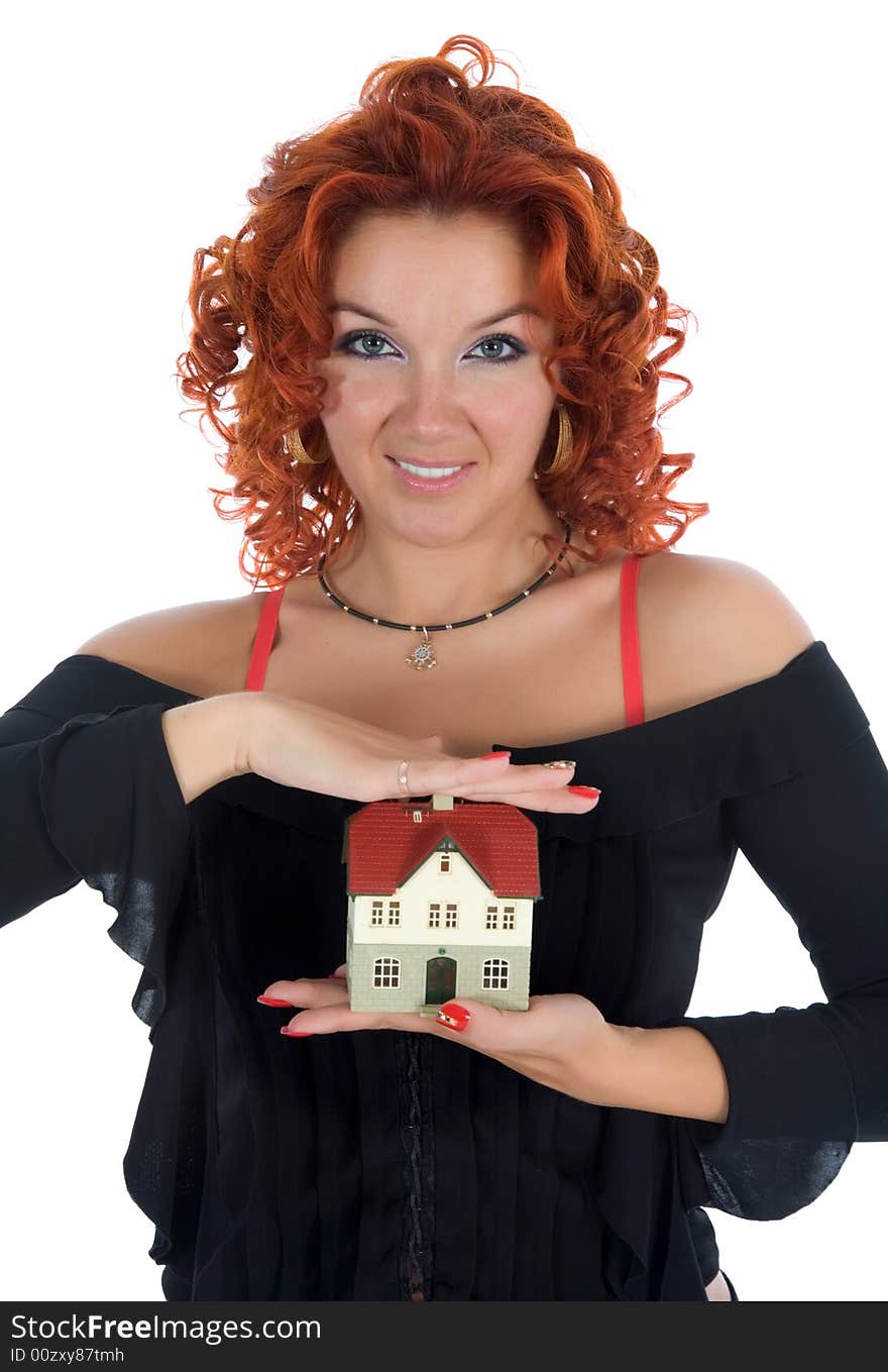 Business woman advertises real estate on white background