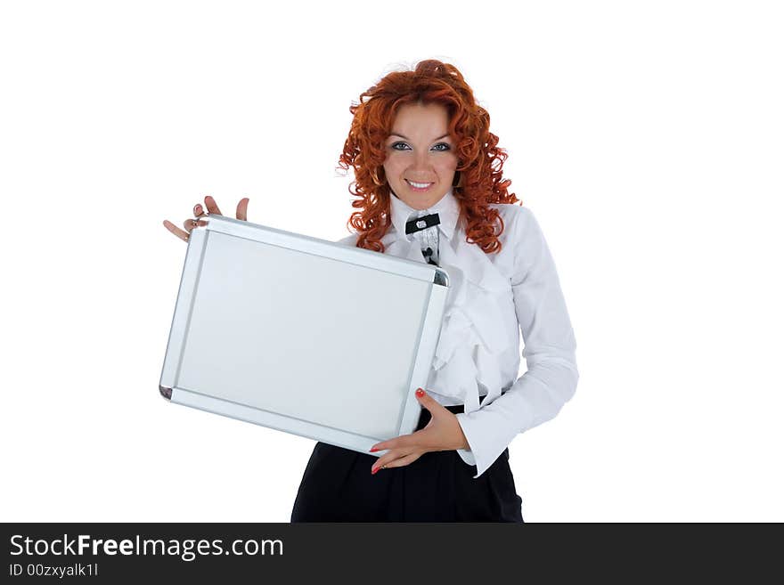 Beautiful young businesswoman calling in office