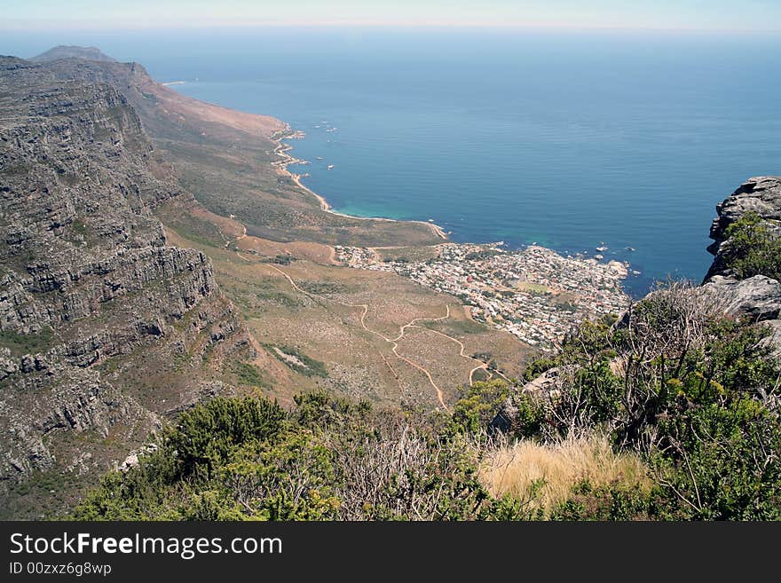 View from Table Mountain down to the towns and coastline of Cape Town and the Cape Peninsula (South Africa)