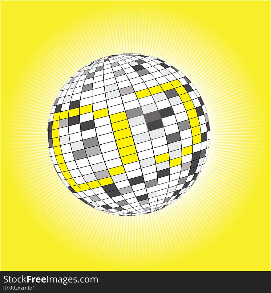 Mirror sphere in beams on a yellow background. Mirror sphere in beams on a yellow background