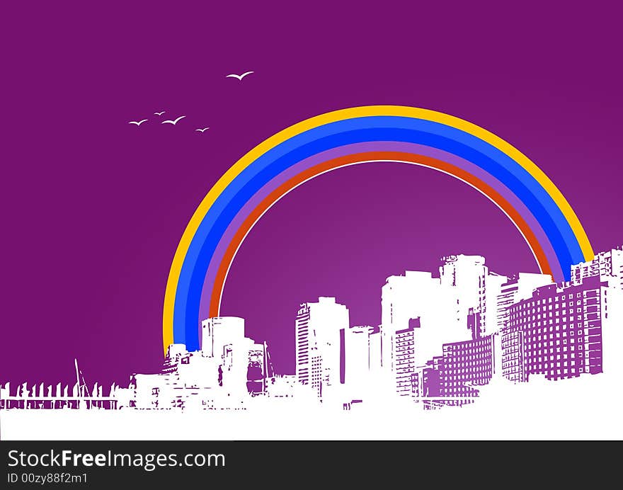 City with colorful rainbow. Vector