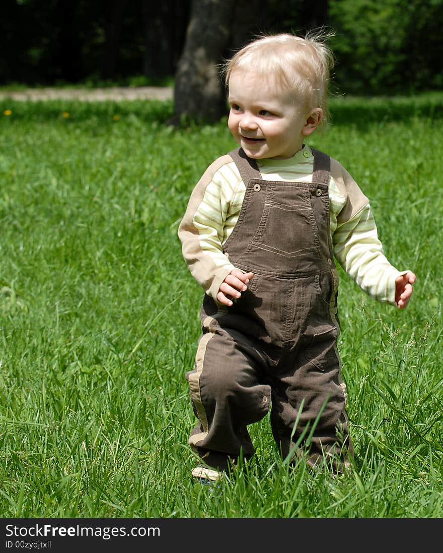 The little boy plays on a green grass