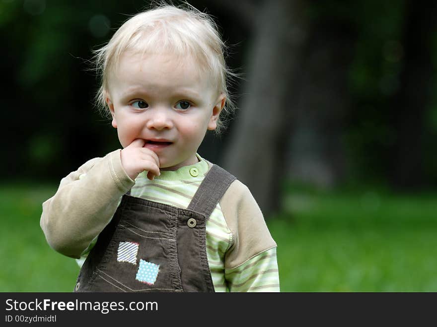 The little boy plays on a green grass